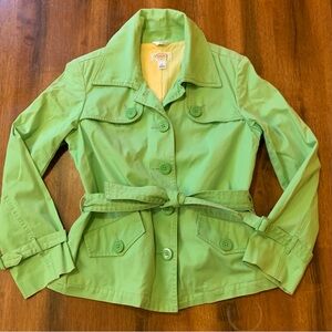 Talbots Trench Coat with Belt 6 Petite Lime Green Yellow Dotted Lining Rain Coat